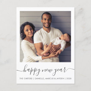 Custom Photo Happy New Year Grey Script Holiday Postcard