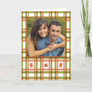 Custom Photo Happy Thanksgiving, Leaf on Plaid Holiday Card