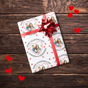 Custom photo heart and names on white wrapping paper
