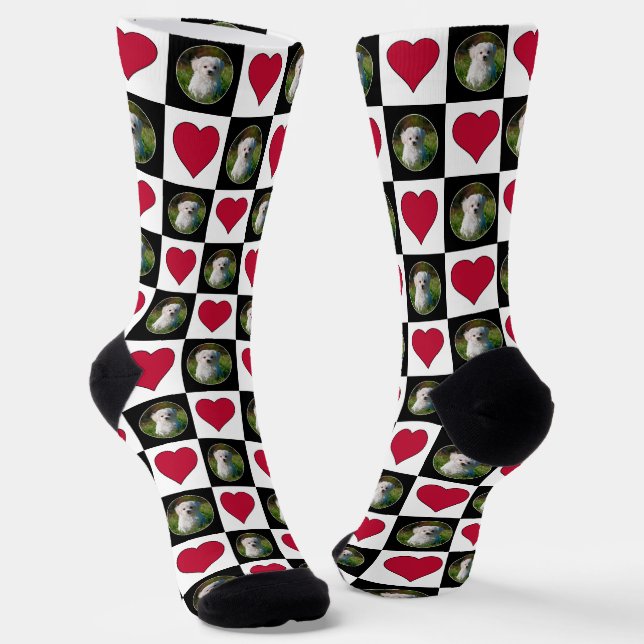 Custom Photo & Heart Checker Pattern Personalized  Socks (Angled)