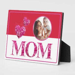 Custom Photo, Hearts MOM Pink Floral Lettering Red Plaque
