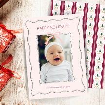 Custom Photo Holiday Card Pink Bow Squiggly Frame