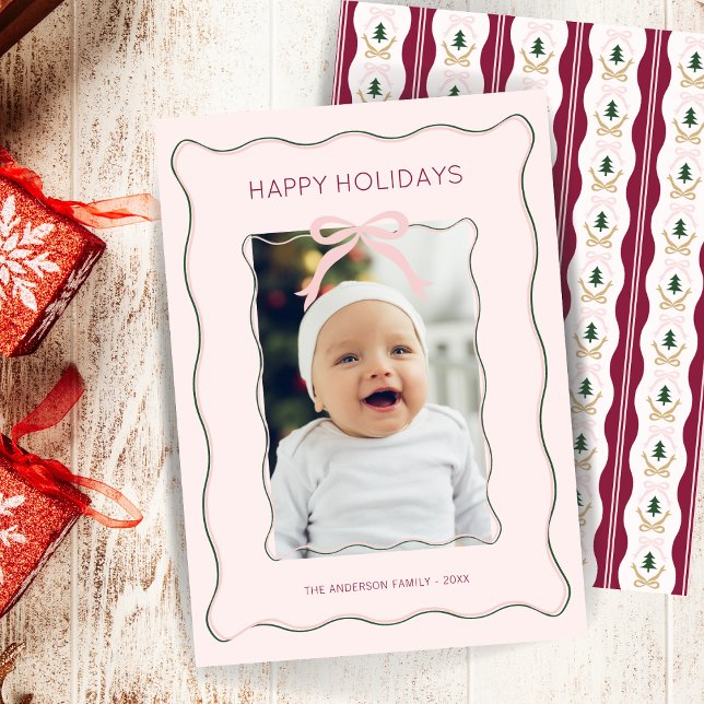Custom Photo Holiday Card Pink Bow Squiggly Frame (Creator Uploaded)