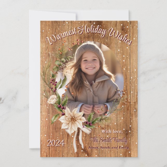 Custom Photo Holiday Floral Wooden Background Card (Front)