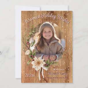 Custom Photo Holiday Floral Wooden Background Card