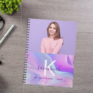 Custom photo holographic pink purple monogram notebook