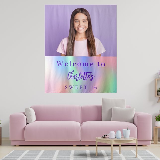 Custom photo holographic Sweet 16 party welcome Tapestry (Creator Uploaded)