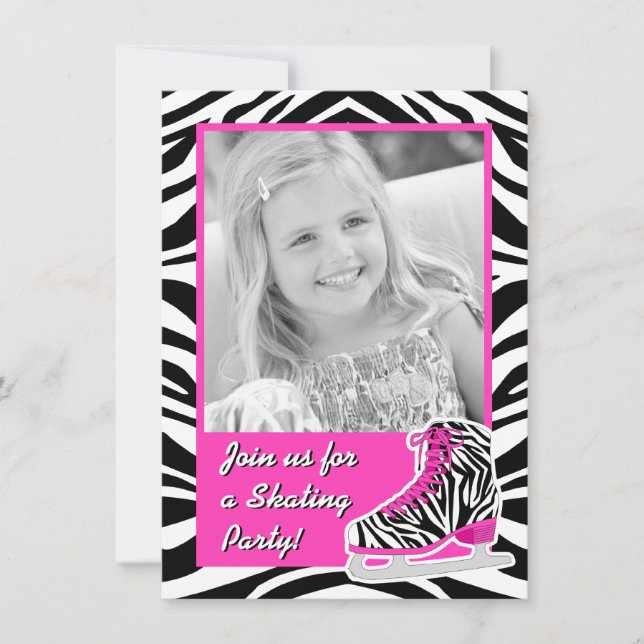 Custom Photo Ice Skating Zebra Birthday Party Invitation (Front)
