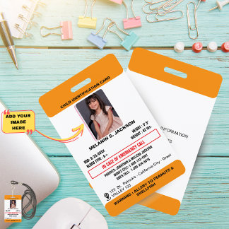 Custom Photo ID Badge for Kids with Emergency Cont