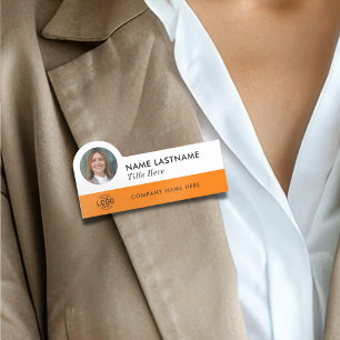 Custom Photo ID Logo Modern Orange Simple Employee Name Tag