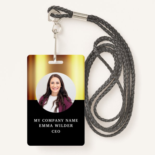 Custom Photo ID Metallic Gold Black ID Badge (Front with Lanyard)