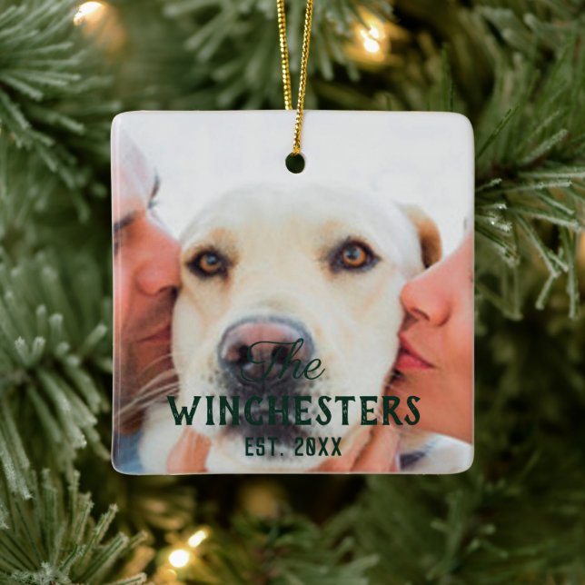 Custom photo image picture greeting message green ceramic ornament (Tree)