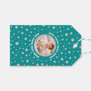 Custom Photo in Pearl Circle on Cyan-Green Gift Tags