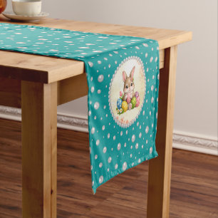 Custom Photo in Pearl Circle on Cyan-Green Short Table Runner