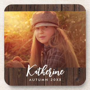 Custom Photo in Rustic Dark Brown Wood Board Coaster