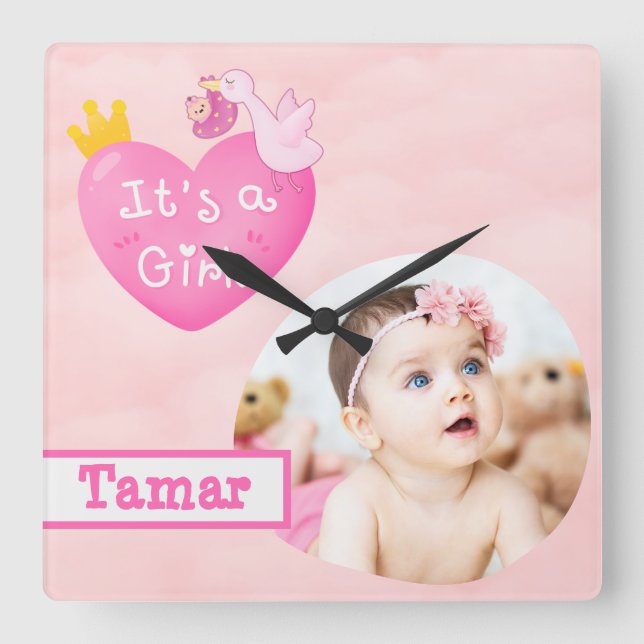 Custom Photo - It's a Girl Square Wall Clock (Front)