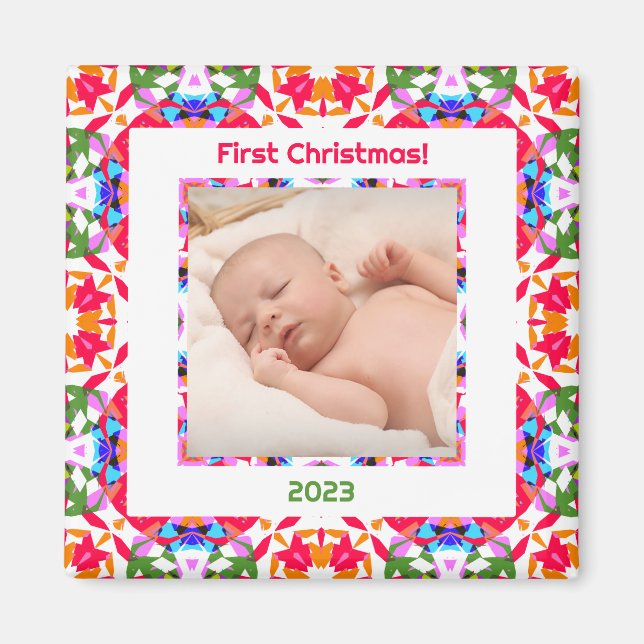 Custom Photo Jolly Happy Baby’s First Christmas Magnet (Front)