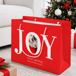 Custom Photo Joy Red Christmas Large Gift Bag