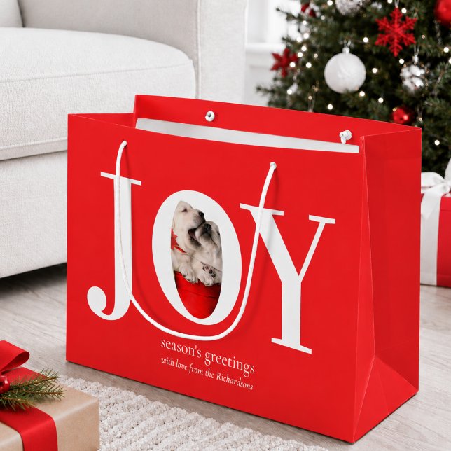 Custom Photo Joy Red Christmas Large Gift Bag (elegant minimal simple chic stylish joy seasons greetings red gift bag with custom pet photo)