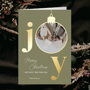 Custom Photo JOY White Christmas Bell Holiday Foil Greeting Card