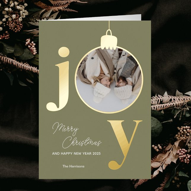 Custom Photo JOY White Christmas Bell Holiday Foil Greeting Card (Custom Photo JOY White Christmas Bell Holiday Foil Greeting Card)