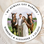 Custom Photo Just Married Personalised Wedding Classic Round Sticker<br><div class="desc">Add the finishing touch to your pet wedding announcements with these custom photo, and personalised 'My Humans Got Married stickers. Customise with your favourite photo,  names and date. COPYRIGHT © 2020 Judy Burrows,  Black Dog Art - All Rights Reserved. Custom Photo Just Married Personalised Wedding Classic Round Sticker</div>