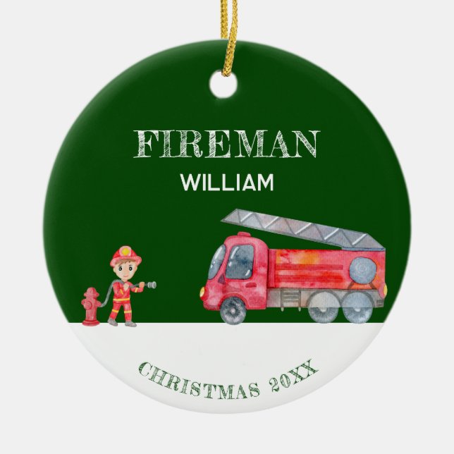 Custom Photo Keepsake Fireman Christmas Firetruck Ceramic Tree Decoration (Front)