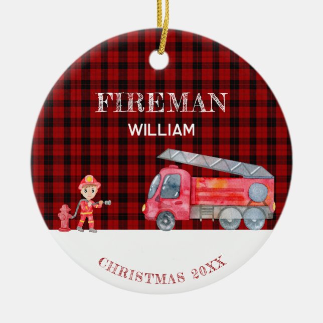 Custom Photo Keepsake Fireman Christmas Firetruck Ceramic Tree Decoration (Front)