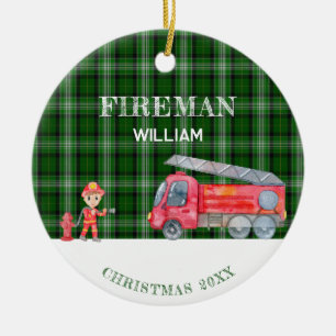 Custom Photo Keepsake Fireman Christmas Firetruck Ceramic Tree Decoration