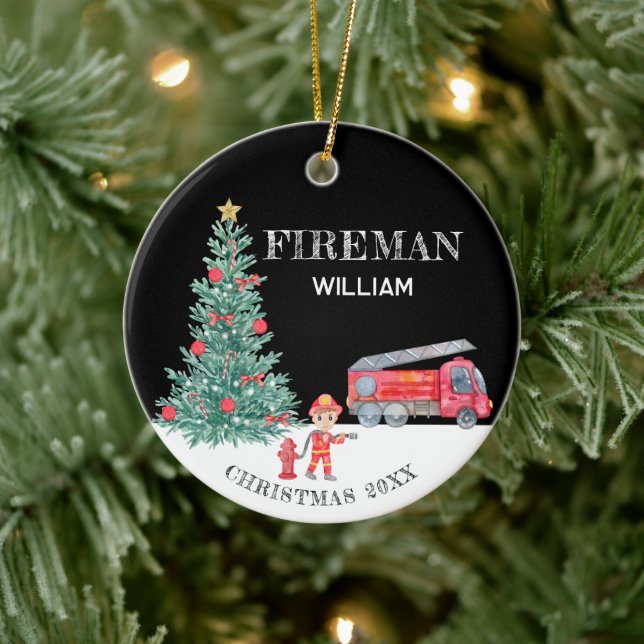 Custom Photo Keepsake Fireman Christmas Tree Truck Ceramic Tree Decoration (Tree)