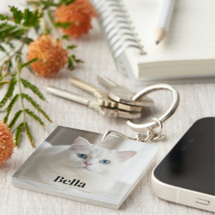Custom photo keychain with cute white kitty cat