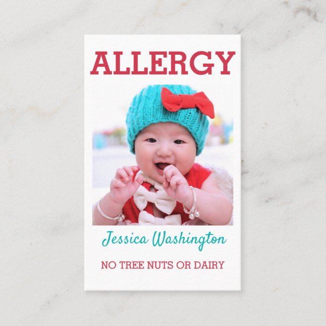Custom Photo Kids Allergy Alert ICOE Warning Business Card (Front)