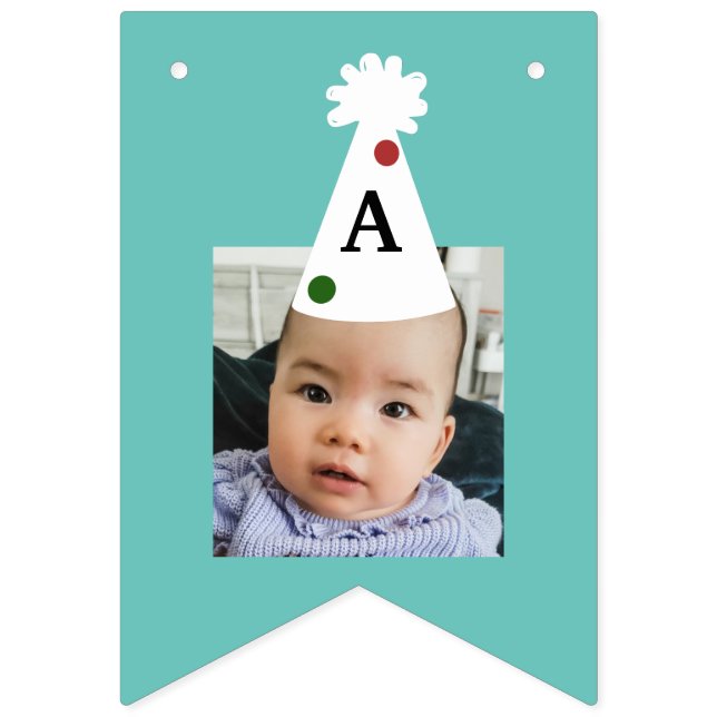 Custom Photo Kids Birthday Green Blue Party Hat  Bunting (Fourteenth Flag)