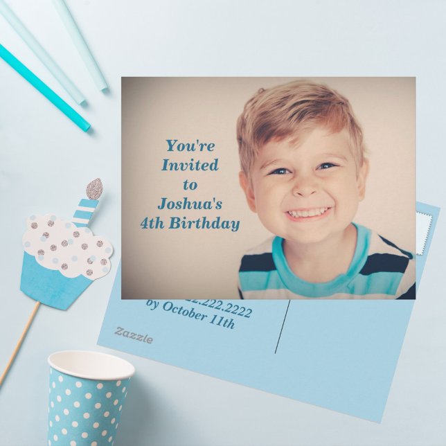 Custom Photo Kids Birthday Party Boy Blue Invitation Postcard (Creator Uploaded)