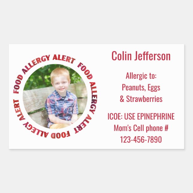 Custom Photo Kids Food Allergy Medical Alert Rectangular Sticker (Front)