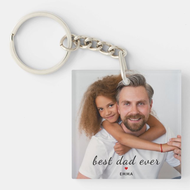 Custom Photo l Best Dad Ever Typography Red Heart Key Ring (Front)