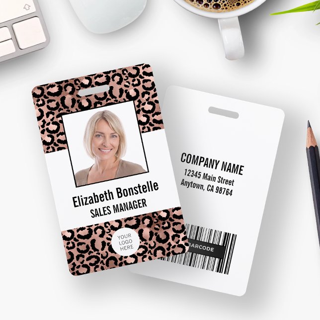 Custom Photo Logo Barcode Rose Gold Leopard Print ID Badge (Creator Uploaded)