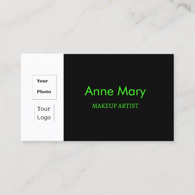 Custom Photo Logo Black Neon Green Makeup Artist Business Card (Front)