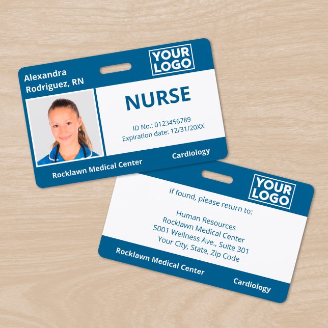 Custom Photo Logo Blue Medical Employee ID ID Badge (Custom Photo Logo Blue Medical Employee ID Badge, front/back)
