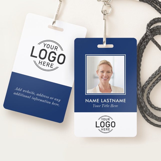 Custom Photo Logo Modern Stylish Navy Blue White ID Badge (Front and back side)