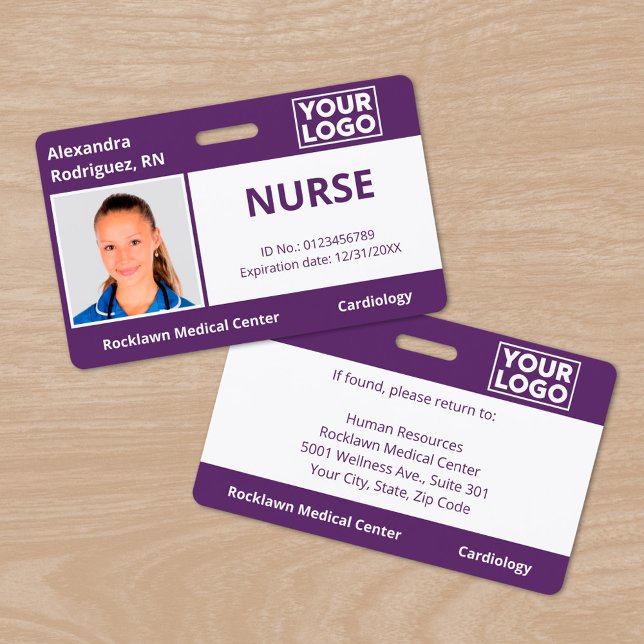 Custom Photo Logo Purple Medical Employee ID Badge (Custom Photo Logo Purple Medical Employee ID Badge, front/back)