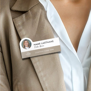 Custom Photo Logo Title Modern Beige White Simple Name Tag
