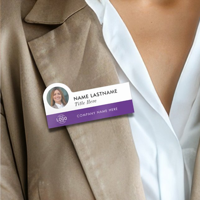 Custom Photo Logo Title Purple White Modern Name Tag (Creator Uploaded)