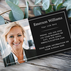 Custom photo logo white thin border elegant black business card