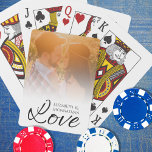Custom Photo Love Black Script Couple Names White  Playing Cards<br><div class="desc">Celebrate Love with Our Simple Photo Love Black Script Couple Names White Poker Cards! These elegant poker cards feature a beautiful Love Script Typography at the bottom, where you can personalise the couple's names in simple white text. Above the Love Script, add a cherished photo of the couple, making these...</div>