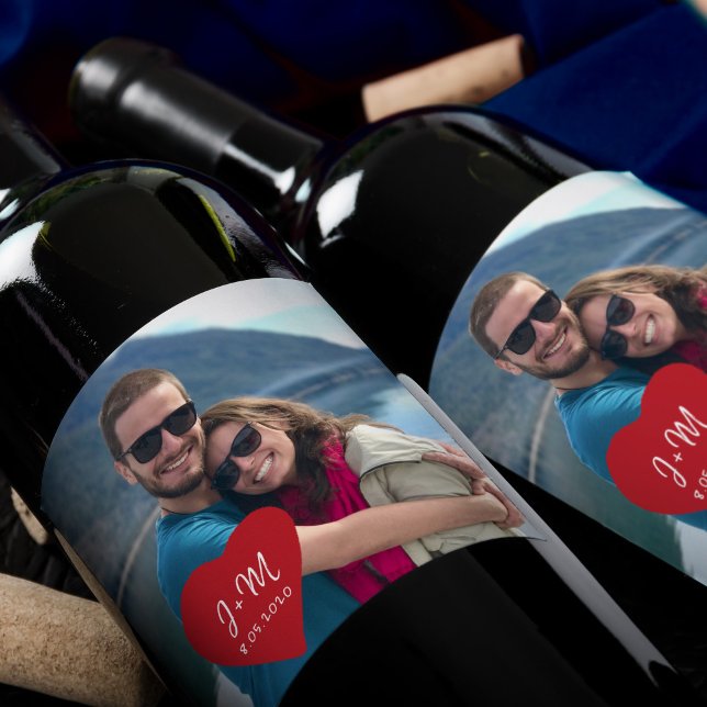 Custom photo love heart initials engagement party wine label (Creator Uploaded)