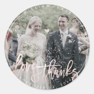 Custom Photo Love+Thanks,  Modern Script Blush Classic Round Sticker