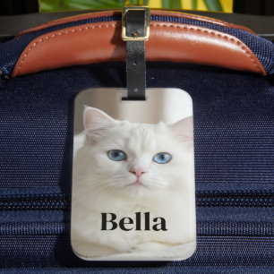Custom photo luggage tag with blue eyed white cat