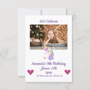 Custom Photo Magical Unicorn & Hearts Birthday Invitation