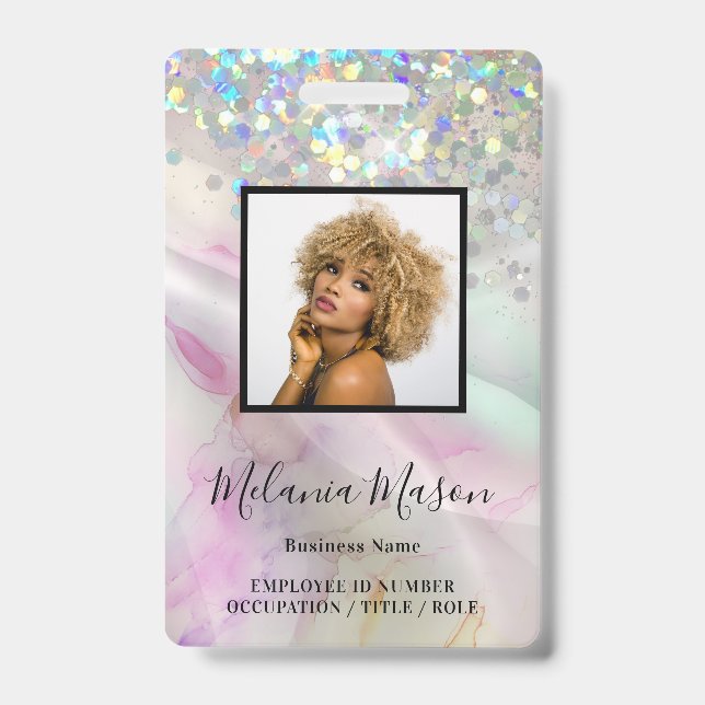 Custom Photo Marbled Holographic Glitter Staff  ID Badge (Front)